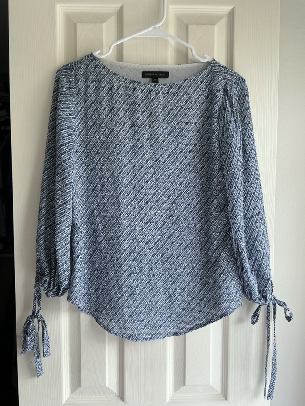 Banana Republic Navy and White Diagonal-Pattern Tie-Sleeve Blouse